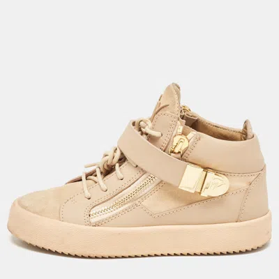 Giuseppe Zanotti Beige Suede And Leather Double Zipper High Top Sneakers In Brown