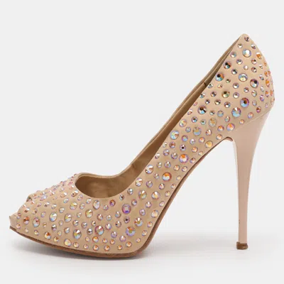 Giuseppe Zanotti Beige Suede Crystal Embellished Peep Toe Pumps In Pink