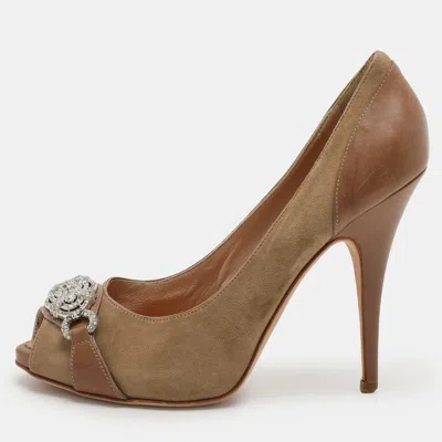 Giuseppe Zanotti Beige Suede/leather Peep Toe Pumps 40 In Brown