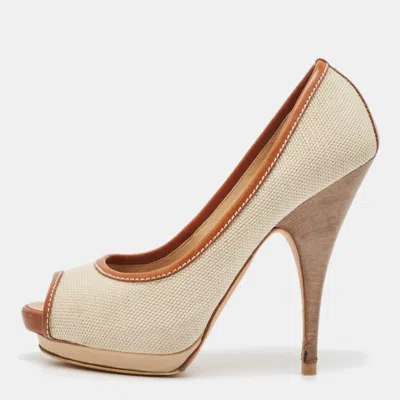 Giuseppe Zanotti Beige/brown Canvas Peep Toe Platform Pumps In Neutral