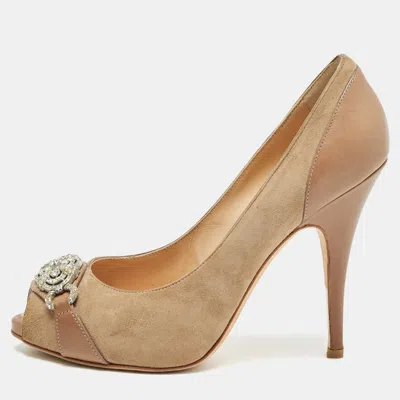 Pre-owned Giuseppe Zanotti Beige/brown Leather And Suede Peep Toe Pumps Size 39