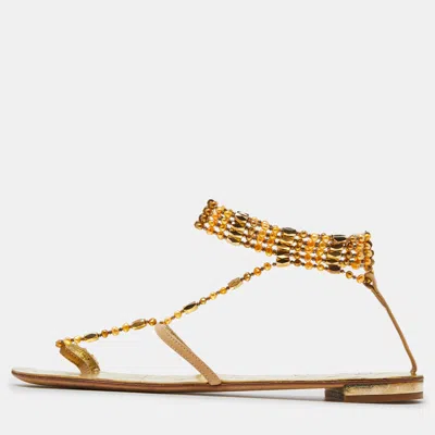 Pre-owned Giuseppe Zanotti Beige/gold Leather Crystal Embellished Chain Thong Flat Sandals Size 38.5 In Metallic