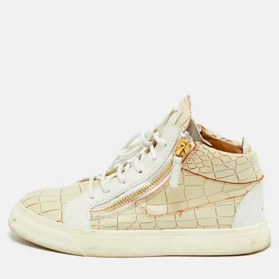 Pre-owned Giuseppe Zanotti Beige/white Croc Embossed And Leather Kriss High Top Sneakers Size 37 In Sand