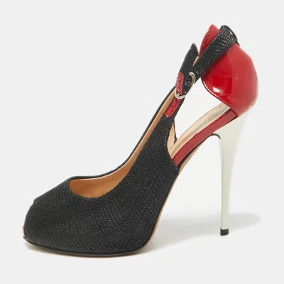 Giuseppe Zanotti Black Canvas And Patent Leather Peep Toe Pumps
