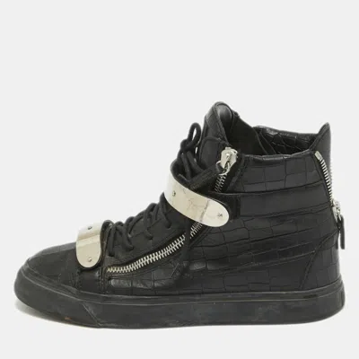 Pre-owned Giuseppe Zanotti Black Croc Embossed Leather Double Zip Trainers Size 42