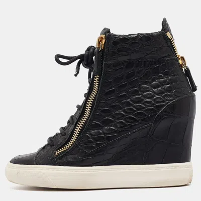 Pre-owned Giuseppe Zanotti Black Croc Embossed Leather Double Zipper High Top Sneakers Size 37