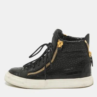 Pre-owned Giuseppe Zanotti Black Croc Embossed Leather High Top Sneakers Size 35.5