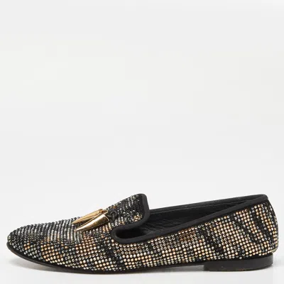 Pre-owned Giuseppe Zanotti Black Crystal Embellished Suede Shark Tooth Smoking Slippers Size 38.5