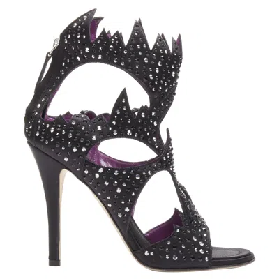 Pre-owned Giuseppe Zanotti Black Crystal Satin Leather Lined Cutout Sandals Heels Eu37.5