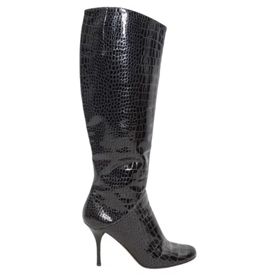 Pre-owned Giuseppe Zanotti Black  Embossed Patent Croc Knee-high Heeled Boots Size 9.5