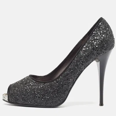 Giuseppe Zanotti Black Glitter Platform Peep Toe Pumps In Silver