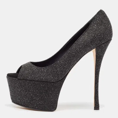 Pre-owned Giuseppe Zanotti Black Glitter Suede Platform Peep Toe Pumps Size 39.5