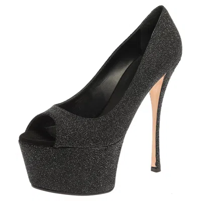 Giuseppe Zanotti Black Glittered Suede Open Toe Platform Pumps In White