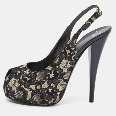 Pre-owned Giuseppe Zanotti Black Lace Peep Toe Slingback Platform Sandals Size 38.5