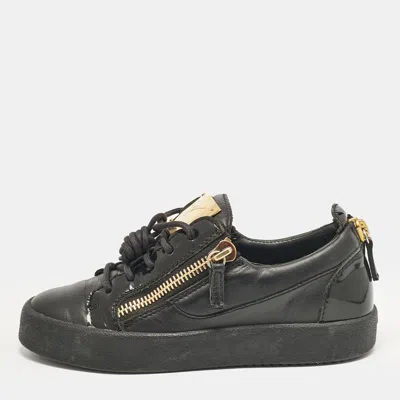 Pre-owned Giuseppe Zanotti Black Leather And Patent Leather Frankie Lace Up Sneakers Size 36