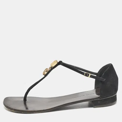 Pre-owned Giuseppe Zanotti Black Leather And Suede Crystal Embellished Flat Sandals Size 37