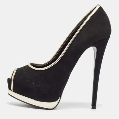 Pre-owned Giuseppe Zanotti Black Leather And Suede Peep Toe Pumps Size 35