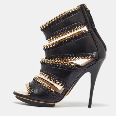 Pre-owned Giuseppe Zanotti Black Leather Chain Embellished Trim Cut Out Sandals Size 35.5