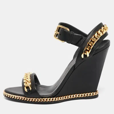 Pre-owned Giuseppe Zanotti Black Leather Chain Link Detail Wedge Ankle Strap Sandals Size 38