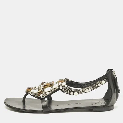 Pre-owned Giuseppe Zanotti Black Leather Crystal Embellished Flat Sandals Size 40