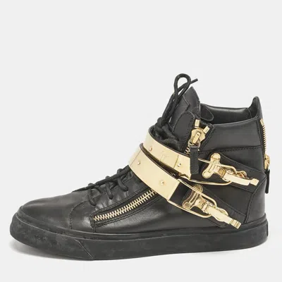 Pre-owned Giuseppe Zanotti Black Leather Double Metal Strap High-top Sneakers Size 40
