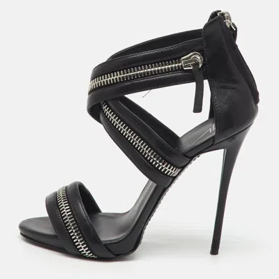 Pre-owned Giuseppe Zanotti Black Leather Zipper Ankle Strap Sandals Size 38