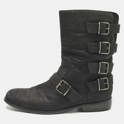 Pre-owned Giuseppe Zanotti Black Nubuck Leather Buckle Details Ankle Length Boots Size 43
