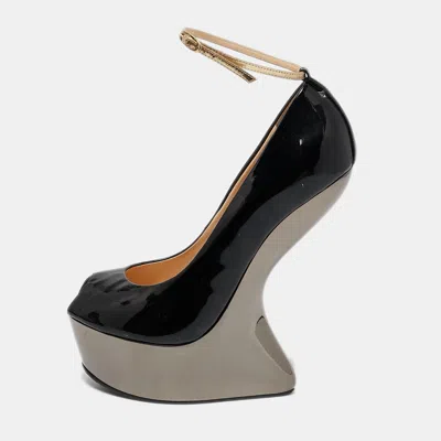 Pre-owned Giuseppe Zanotti Black Patent Heelless Peep Toe Platform Pumps Size 39