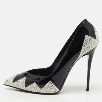 Giuseppe Zanotti Black Patent Leather And Suede Crystal Embellished Pointed Toe Pumps