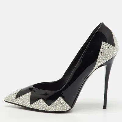 Pre-owned Giuseppe Zanotti Black Patent Leather And Suede Crystal Embellished Pointed Toe Pumps Size 38