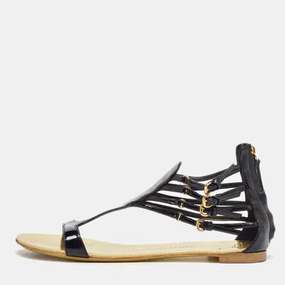 Pre-owned Giuseppe Zanotti Black Patent Leather Ankle Strap Flat Sandals Size 40