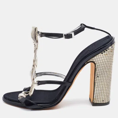 Pre-owned Giuseppe Zanotti Black Patent Leather Block Heel Ankle Strap Sandals Size 37