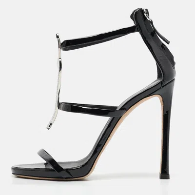 Pre-owned Giuseppe Zanotti Black Patent Leather Crystal Embellished Harmony G Sandals Size 38