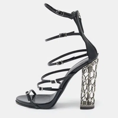 Pre-owned Giuseppe Zanotti Black Patent Leather Lauren Metal Cage Heel Strappy Sandals Size 38.5