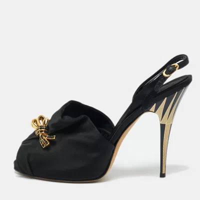 Pre-owned Giuseppe Zanotti Black Satin Bow Crystal Embellish Slingback Sandals Size 37.5