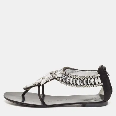 Giuseppe Zanotti Black Satin Crystal Embellished Ankle Strap Flat Sandals
