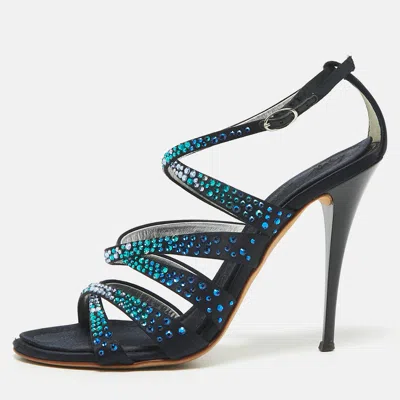 Pre-owned Giuseppe Zanotti Black Satin Crystal Embellished Ankle Strap Sandals Size 37.5