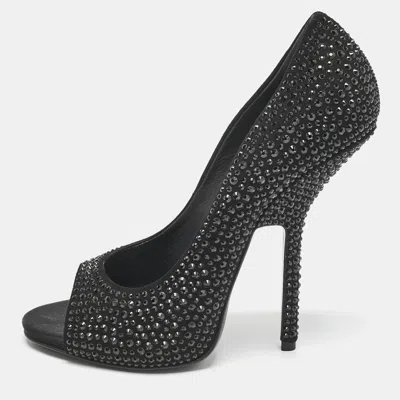 Pre-owned Giuseppe Zanotti Black Satin Crystal Embellished Open Toe Pumps Size 39