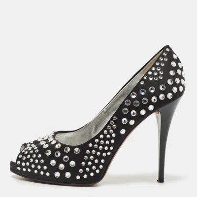 Giuseppe Zanotti Black Satin Crystal Embellished Peep Toe Platform Pumps