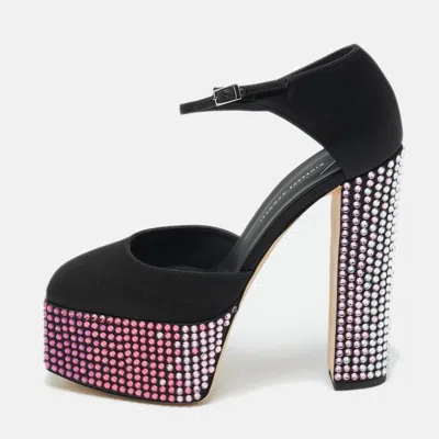 Pre-owned Giuseppe Zanotti Black Satin Crystal Embellished Platform Sandals 40