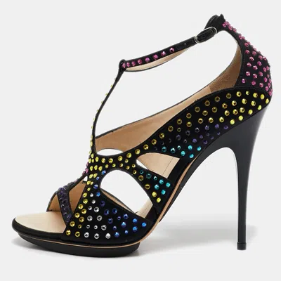 Pre-owned Giuseppe Zanotti Black Satin Crystal Embellished Strappy Sandals Size 39