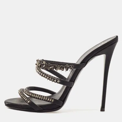 Pre-owned Giuseppe Zanotti Black Satin Embellished Slide Sandals Size 39