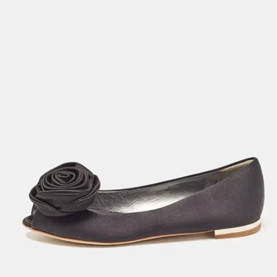 Giuseppe Zanotti Black Satin Flower Applique Ballet Flats In Gray