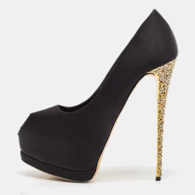 Pre-owned Giuseppe Zanotti Black Satin Platform Peep Toe Pumps Size 38.5