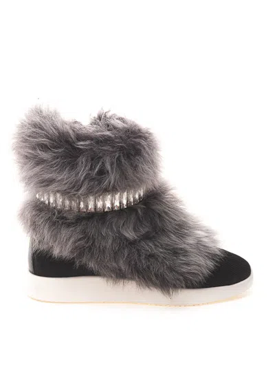Giuseppe Zanotti Black Sneaker With Fur And Crystals