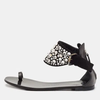 Giuseppe Zanotti Black Suede And Leather Crystal Embellished Ankle Wrap Flat Sandals