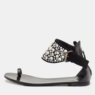 Pre-owned Giuseppe Zanotti Black Suede And Leather Crystal Embellished Ankle Wrap Flat Sandals Size 36