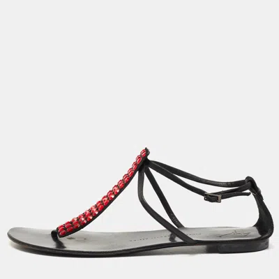 Pre-owned Giuseppe Zanotti Black Suede And Leather Crystal Embellished T-strap Flat Sandals Size 40