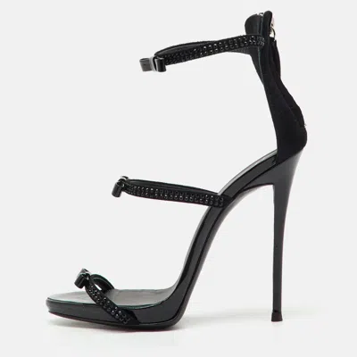 Pre-owned Giuseppe Zanotti Black Suede And Patent Leather Bow Harmony Ankle Strap Sandals Size 36