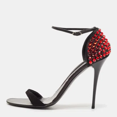 Pre-owned Giuseppe Zanotti Black Suede And Satin Crystal Embellished Ankle Strap Sandals Size 40